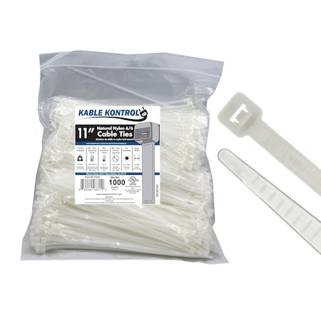 Kable Kontrol Cable Tie, 11 in L, 3-3/16 in Max Bundle Dia., Natural, Nylon 6/6, 50 lb Strength, 1000 PK CT220
